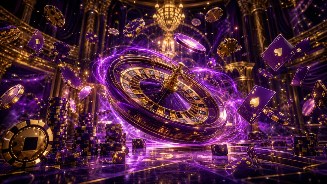 Luxury casino hero banner featuring neon poker chips and cards with holographic glow